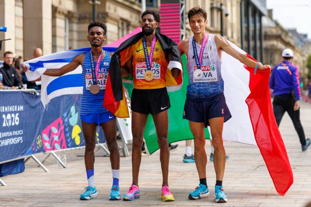 BIRMINGHAM, GREAT BRITAIN - AUGUST 16, 2026: Amanal PETROS (GER Germany) wins the marathon during the European Athletics Championships on August 16, 2026 in Birmingham, Great Britain. Pietro RIVA (ITA Italy Silver), Gashau AYALE (ISR Israel Israel) Bronze) Great Britain Copyright: xAxelxKohringx