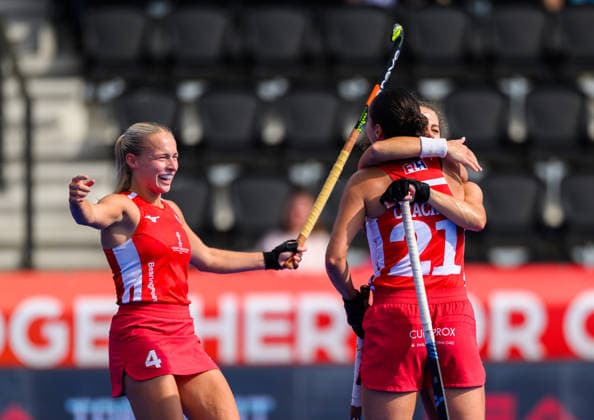 Hockey World Cup Day Two England celebrate the team™s second goal after a short corner during the match between England and South Africa in the 2026 *Mens Womens* FIH Hockey World Cup at Wagener Stadium, Amstelveen 16 08 2026 UK Newspapers OUT Copyright: xGraemexWilcocksonx FIL-23788-0006