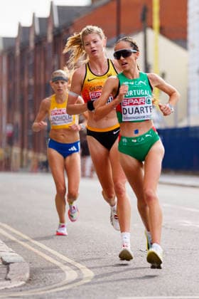 BIRMINGHAM, GREAT BRITAIN - AUGUST 16, 2026 : Tabea THEMANN (GER Germany) and Sara DUARTE (POR Portugal) competing in the marathon during the European Athletics Championships at Alexander Stadium on August 16, 2026 in Birmingham, Great Britain. Great Britain Copyright: xLeahxKohringx