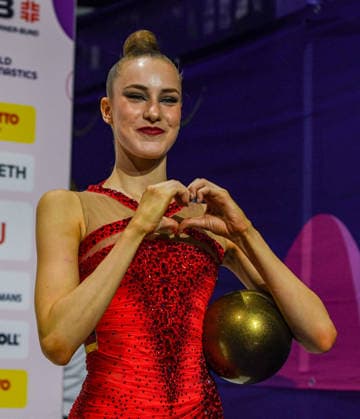 August 16, 2026, Frankfurt, Hesse, Germany: German gymnast DARJA VARFOLOMEEV celebrates winning gold in the 42nd Rhythmic gymnastics, Rhythmische Sportgymnastik, RSG World Championships individual ball finals in the Festhalle in Frankfurt, Hesse, Germany on Sunday, August 16, 2026. 2026 Rhythmic Gymnastics World Championships Individual Finals  - ZUMAd168 20260816_zsp_d168_025 Copyright: xKaixDambachx