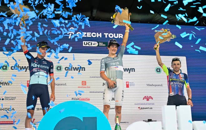 Czech Tour cycling race, Stage 4, in Prostredni Becva, Czech Republic, on August 16, 2026. From left, second overall Alessandro Fancellu from the MBH Bank CSB ‹‹Telecom Fort team, winner Andrew August from the Netcompany INEOS team, third Domenico Pozzovivo from the Solution Tech NIPPO Rali team. (CTKxPhoto DaliborxGluck) CTKPhotoP2026081603494  CTKPhotoP2026081603494