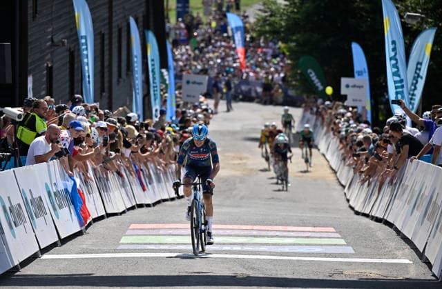 Czech Tour cycling race, Stage 4, in Prostredni Becva, Czech Republic, on August 16, 2026. Mauri Vansevenant of the Soudal Quick-Step team crosses the finish line. (CTKxPhoto DaliborxGluck) CTKPhotoP2026081603555  CTKPhotoP2026081603555