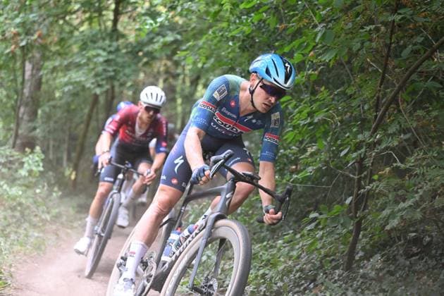 Belgian Tim Merlier of Soudal Quick-Step pictured in action at the elite race at the Belgian Gravel Championships, Sunday 16 August 2026 in Grobbendonk. ELIASxROM  x0864194919stx