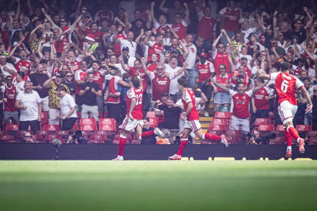 RECORD DATE NOT STATED 16th August 2026; Millennium Stadium, Cardiff, Wales; Community Shield Football, Arsenal versus Manchester City; Riccardo Calafiori of Arsenal celebrates after scoring in the 1st minute to make the score 1-0 GodfreyxPitt