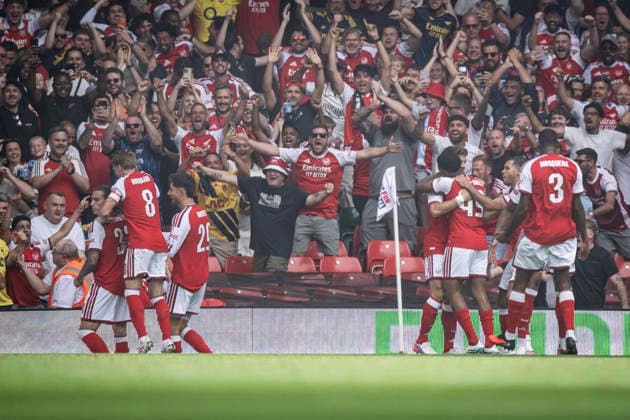 RECORD DATE NOT STATED 16th August 2026; Millennium Stadium, Cardiff, Wales; Community Shield Football, Arsenal versus Manchester City; Riccardo Calafiori of Arsenal celebrates with his team after scoring in the 1st minute to make the score 1-0 GodfreyxPitt