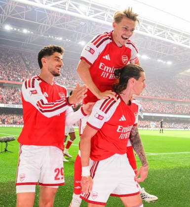 15 August 2026 - Arsenal v Manchester City - FA Community Shield - Principality Stadium - Cardiff. Arsenal v Manchester City - FA Community Shield - Principality Stadium - Cardiff. Riccardo Calafiori celebrates scoring Arsenal s early goal. Picture : Mark Pain CARDIFF Wales  Copyright: xMarkxPainx