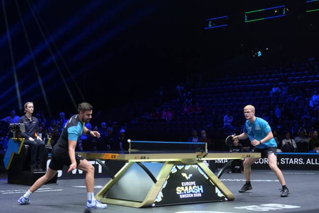 (260816) -- MALMO, Aug. 16, 2026 -- Felix Lebrun (R) of France and Darko Jorgic of Slovenia compete during the men s singles semifinal match at the WTT Europe Smash Sweden 2026 in Malmo, Sweden, Aug. 16, 2026. ) (SP)SWEDEN-MALMO Table tennis, Tischtennis WTT EUROPE SMASH 2026-MEN S SINGLES WengxXinyang 