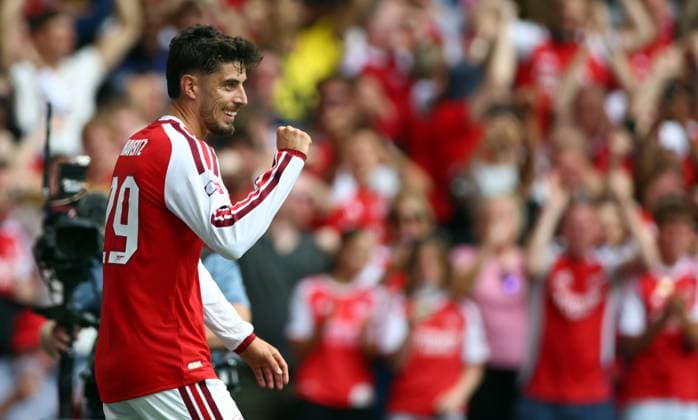 Kai Havertz of Arsenal celebrates scoring a goal to make the score 2-0 Arsenal v Manchester City, FA Community Shield, Football, Principality Stadium, Cardiff, Wales, UK - 16 Aug 2026Cardiff Principality Stadium Wales United Kingdom EDITORIAL USE ONLY No use with unauthorised audio, video, data, fixture lists, club league logos or live services. Online in-match use limited to 120 images, no video emulation. No use in betting, games or single club league player publications.  Copyright: xKieranxMcManus Shutterstockx 17070166ag