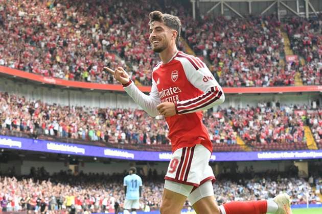 Football - 2026 FA Community Shield - Arsenal vs. Manchester City - Principality (Millennium) Stadium, Cardiff - Sunday 16th August 2026 Kai Havertz ARSENAL celebrates scoring his team s second goal Pic- COLORSPORT Winston Bynorth 