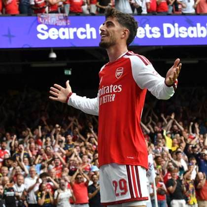 Football - 2026 FA Community Shield - Arsenal vs. Manchester City - Principality (Millennium) Stadium, Cardiff - Sunday 16th August 2026 Kai Havertz ARSENAL celebrates scoring his team s second goal Pic- COLORSPORT Winston Bynorth 