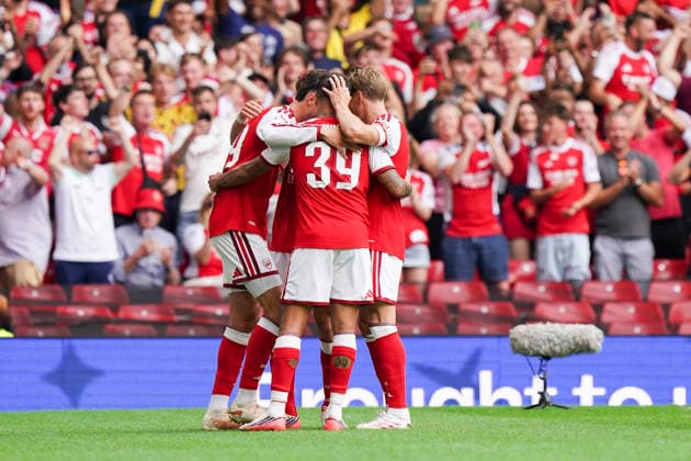 Arsenal v Manchester City, FA Community Shield Arsenal forward Kai Havertz (29) scores a GOAL 2-0 and celebrates with Arsenal midfielder Bruno Guimaraes (39) and Arsenal midfielder Martin odegaard (8) during the Arsenal v Manchester City FA Community Shield match at the Principality Stadium, Cardiff, Wales on 16 August 2026 Credit: Robbie Hoad Every Second Media Editorial use only. All images are copyright Every Second Media Limited. No images may be reproduced without prior permission. Copyright: xIMAGO EveryxSecondxMediax ESM-2100-0030 RobbiexHoadx xEveryxSecondxMediax