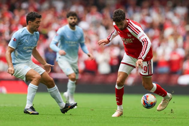 Arsenal v Manchester City FA Community Shield Kai Havertz of Arsenal defends the ball from Mateo Kovacic of Manchester City during the FA Community Shield match between Arsenal and Manchester City at the Principality Stadium, Cardiff 16 08 2026 UK Newspapers OUT Copyright: xKaraxThomasx FIL-23790-0033