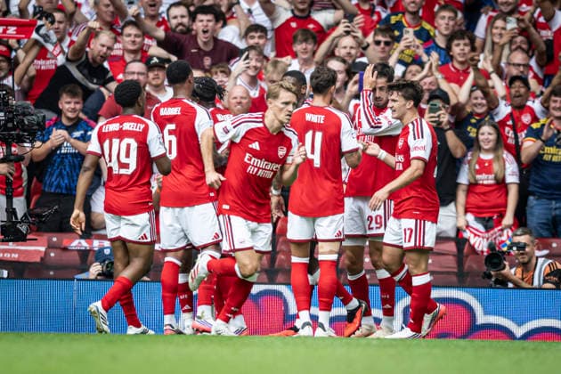 RECORD DATE NOT STATED 16th August 2026; Millennium Stadium, Cardiff, Wales; Community Shield Football, Arsenal versus Manchester City; Kai Havertz of Arsenal celebrates with his team after scoring in the 28th minute to make the score 2-0 GodfreyxPitt
