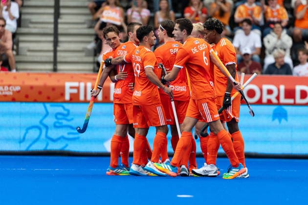 Netherlands v New Zealand - FIH Hockey World Cup AMSTELVEEN, NETHERLANDS - AUGUST 16: The Dutch celebrate after scoring during the FIH Hockey World Cup match between Netherlands and New Zealand at Wagener Stadion on August 16, 2026 in Amstelveen, Netherlands. Amstelveen Wagener Stadion Netherlands Content not available for redistribution in The Netherlands directly or indirectly through any third parties. Copyright: xMarcelxvanxPlateringenx