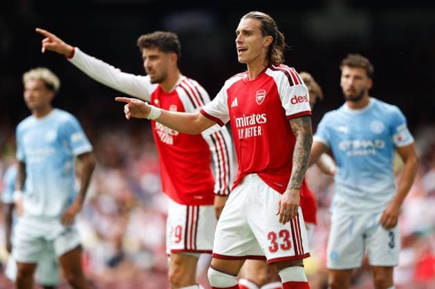 Riccardo Calafiori of Arsenal signals Arsenal v Manchester City, FA Community Shield, Principality Stadium, Cardiff, UK - 16 Aug 2026Cardiff Principality Stadium United Kingdom EDITORIAL USE ONLY No use with unauthorised audio, video, data, fixture lists, club league logos or live services. Online in-match use limited to 120 images, no video emulation. No use in betting, games or single club league player publications.  Copyright: xMattxImpey Shutterstockx 17096419cv