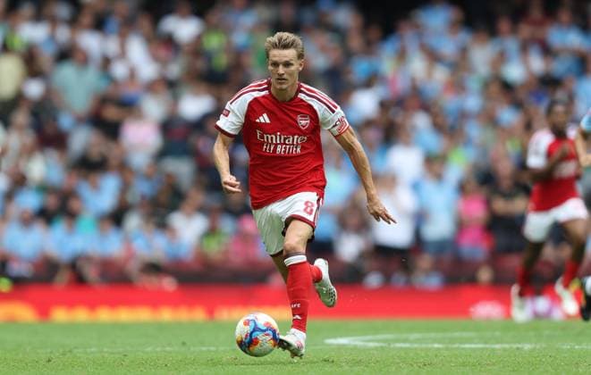 FA Community Shield - Arsenal v Manchester City CARDIFF, WALES, AUGUST 16: Martin Odegaard of Arsenal during the FA Community Shield match between Arsenal v Manchester City at Principality Stadium, Cardiff on 16 August. (Photo by Daniel Weir) Cardiff Principality Stadium United Kingdom Copyright: xDanielxWeir SportsxPressxPhotox Sportspressphoto_SPR208751