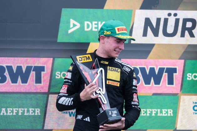16.08.2026, GER, Motorsport, ADAC DTM, Saison 2026, Nürburgring Tom Kalender ( Deutschland, Mercedes-AMG Team Landgraf, Mercedes-AMG GT3, 84 ) jubelt auf dem Podium über Platz zwei beim Sonntagsrennen der DTM am NuÌˆrburgring Nürburg Nürburgring Rheinland-Pfalz Deutschland *** August 16, 2026, GER, Motorsports, ADAC DTM, 2026 Season, Nürburgring Tom Calendar Germany, Mercedes AMG Team Landgraf, Mercedes AMG GT3, No. 84 celebrates second place on the podium after Sunday’s DTM race at the Nürburgring, Nürburg, Rhineland-Palatinate, Germany Copyright: xnordphotoxGmbHx xKnabx