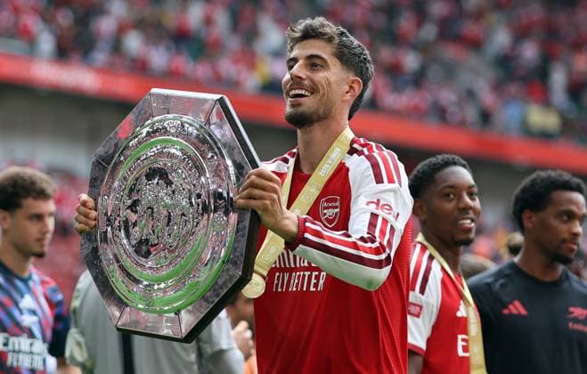 Kai Havertz of Arsenal celebrates with the Community Shield Arsenal v Manchester City, FA Community Shield, Football, Principality Stadium, Cardiff, Wales, UK - 16 Aug 2026Cardiff Principality Stadium Wales United Kingdom EDITORIAL USE ONLY No use with unauthorised audio, video, data, fixture lists, club league logos or live services. Online in-match use limited to 120 images, no video emulation. No use in betting, games or single club league player publications.  Copyright: xKieranxMcManus Shutterstockx 17070166ca
