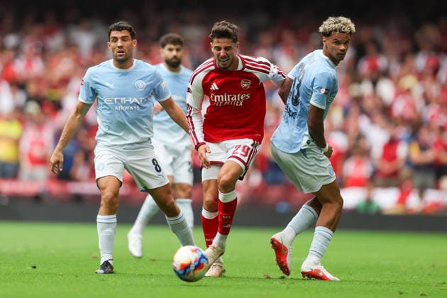 Arsenal v Manchester City FA Community Shield Nico O™Riley of Manchester City fouls Kai Havertz of Arsenal during the FA Community Shield match between Arsenal and Manchester City at the Principality Stadium, Cardiff 16 08 2026 UK Newspapers OUT Copyright: xKaraxThomasx FIL-23790-0083