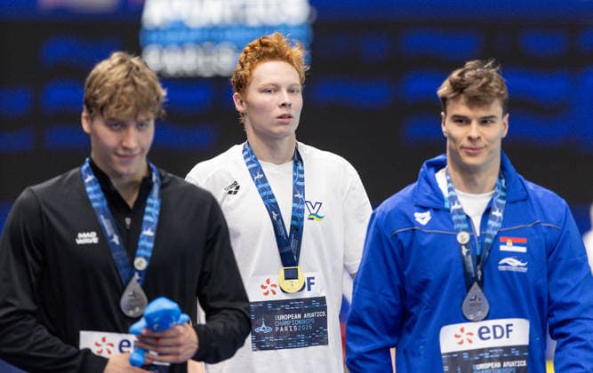 European Aquatics Championships Swimming Day 7 Egor Kornev, Nikita Sheremet, Andrej Barna during European Aquatics Championships Swimming Day 7 in Paris, France, on August 16, 2026 Paris France  Copyright: xFotoxOlimpikx originalFilename:jastrzebowski-european260816_nprsS.jpg