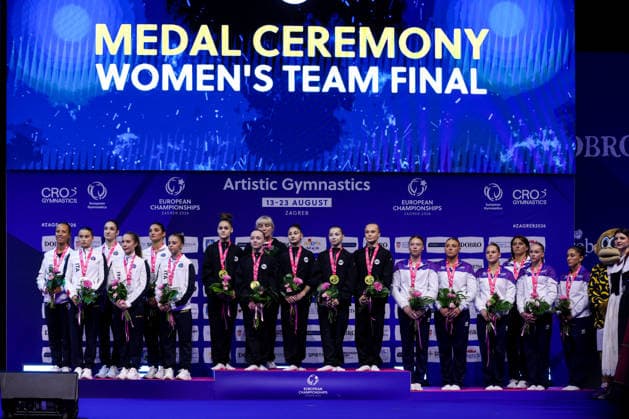 36th European Championships and 15th European Junior Championships in WomenÂ s Artistic Gymnastics - Finals Silver medalist Team Italy, gold medalist Team Russia and bronze medalist Team France pose on the podium during the medal ceremony for the Senior Women™s Team Final during day 4 of the 2026 Women s Artistic Gymnastics European Championships at Arena Zagreb on August 16, 2026 in Zagreb, Croatia.  IgorxKralj PIXSELL