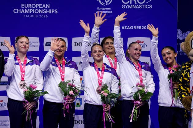36th European Championships and 15th European Junior Championships in WomenÂ s Artistic Gymnastics - Finals Bronze medalist Maiana Prat, Elena Colas, Morgane Osyssek-Reimer, Lorette Charpy and Lola Chassat of Team France pose on the podium during the medal ceremony for the Senior Women™s Team Final during day 4 of the 2026 Women s Artistic Gymnastics European Championships at Arena Zagreb on August 16, 2026 in Zagreb, Croatia.  IgorxKralj PIXSELL
