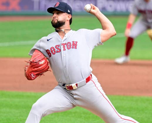 Boston Red Sox pitcher Patrick Sandoval (43) starts against the Pittsburgh Pirates and gives up two runs at PNC Park on Sunday, Aug. 16, 2026 in Pittsburgh.  PIT2026081615 ArchiexCarpenter