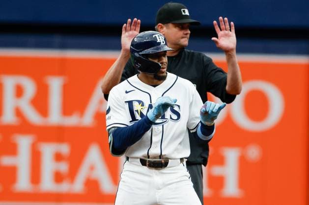 August 16, 2026, St. Petersburg, Florida, USA: Tampa Bay Rays left fielder Chandler Simpson (14) celebrates, after he hits a double off of Baltimore Orioles pitcher Grant Wolfram (48) during the eighth inning at Tropicana Field on Sunday, Aug. 16, 2026, in St. Petersburg. St. Petersburg USA - ZUMAs70_ 0864204710st Copyright: xJeffereexWoox
