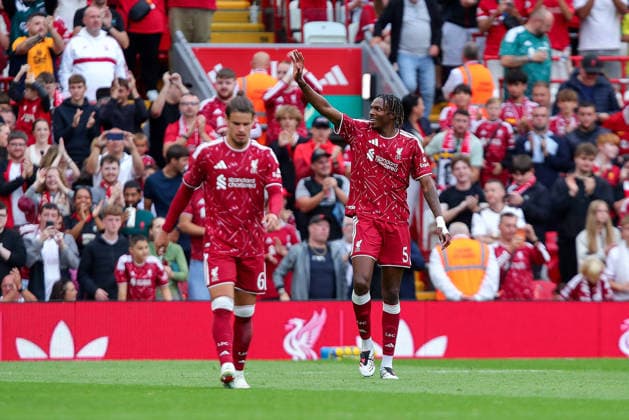 Liverpool v Como 1907, Pre-Season Friendly JÃ rÃ my Jacquet of Liverpool scores a GOAL 2-0 and celebrates during the Liverpool v Como 1907 Pre-Season Friendly match at Anfield, Liverpool, England on 16 August 2026 Credit: Luke Williams Every Second Media Editorial use only. All images are copyright Every Second Media Limited. No images may be reproduced without prior permission. Copyright: xIMAGO EveryxSecondxMediax ESM-2093-0010 LukexWilliamsx xEveryxSecondxMediax