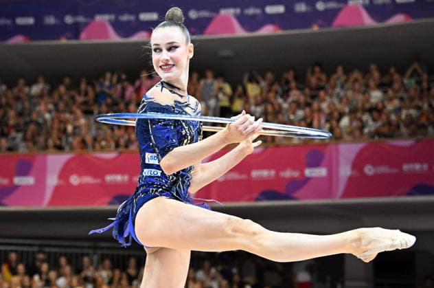 16.08.2026, xhbx, Rhythmische Sportgymnastik Weltmeisterschaft 2026, v.l. Darja Varfolomeev (Deutschland) Reifen Frankfurt am Main *** August 16, 2026, xhbx, 2026 Rhythmic Gymnastics World Championships, from left: Darja Varfolomeev (Germany), hoop, Frankfurt am Main