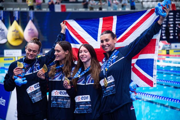 NATATION : Championnat d europe de natation 2026 - PARIS - 16 08 2026 Lauren Cox (GBR) Angharad Evans (GBR) Keanna Macinnes (GBR) Freya Colbert (GBR) Saint DenisFrance  Copyright: xBaptistexAutissierx