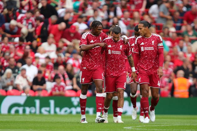 Liverpool v Como 1907, Pre-Season Friendly JÃ rÃ my Jacquet of Liverpool talks to Dominik Szoboszlai of Liverpool as Cody Gakpo of Liverpool scores a GOAL 1-0 and celebrates during the Liverpool v Como 1907 Pre-Season Friendly match at Anfield, Liverpool, England on 16 August 2026 Credit: Luke Williams Every Second Media Editorial use only. All images are copyright Every Second Media Limited. No images may be reproduced without prior permission. Copyright: xIMAGO EveryxSecondxMediax ESM-2093-0019 LukexWilliamsx xEveryxSecondxMediax