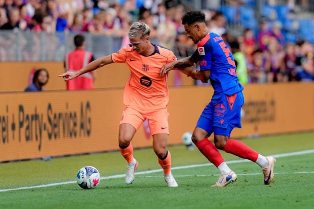 BASEL, SWITZERLAND - AUGUST 16: Uruejoma (FC Basel 1893), (right), and Dani Olmo (20 FC Barcelona, Barca , (left), in action during the friendly match between FC Basel 1893 and FC Barcelona at St. Jakob Park Stadium on August 16, 2026 in Basel, Switzerland.  Copyright: xPriscilaxBütlerx xSPPx Sportspressphoto_SPR209174