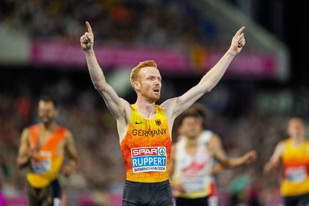 BIRMINGHAM, UNITED KINGDOM - AUGUST 16: Frederik Ruppert of Germany wins the Gold Medal in the Men s 3000m Steeplechase during the European Athletics Championships in Alexander Stadium on August 16, 2026 in Birmingham, United Kingdom. England United Kingdom Copyright: xBEAUTIFULxSPORTS TobiasxLacknerx
