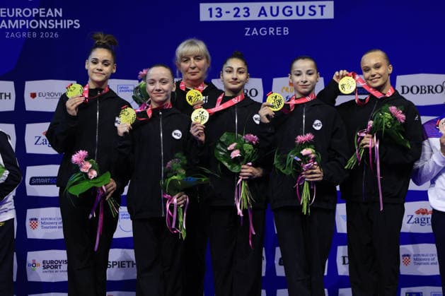 Zagreb, 16.08.2026. - 36TH EUROPEAN WOMEN™S ARTISTIC GYMNASTICS CHAMPIONSHIPS Women s Artistic Gymnastics, Team Final, SENIORS GOLD WG2 World Gymnastics 2 GLOTOVA Alena MELNIKOVA Angelina KALMYKOVA Anna ROSHCHINA Liudmila US Elizaveta Women s Artistic Gymnastics, Team Final, SENIORS  2S6A7421.JPG