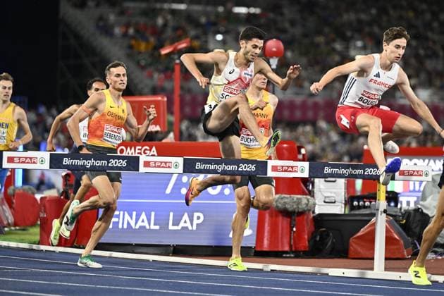 Belgian Remi Schyns (C) pictured in action during the men s 3000m steeplechase, at on the seventh and last day of the European Athletics Championships (August 10-18) in Birmingham, United Kingdom, on Sunday 16 August 2026. ERICxLALMAND  x183558943x