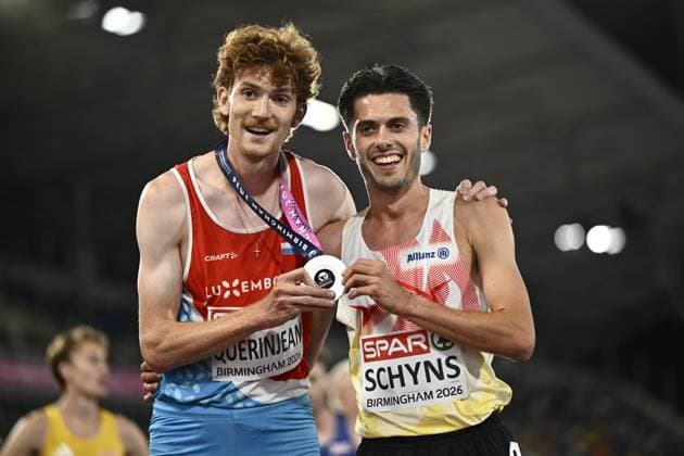 Belgian Remi Schyns (R) poses with Ruben Querinjean after the men s 3000m steeplechase, at on the seventh and last day of the European Athletics Championships (August 10-18) in Birmingham, United Kingdom, on Sunday 16 August 2026. ERICxLALMAND  x183558960x