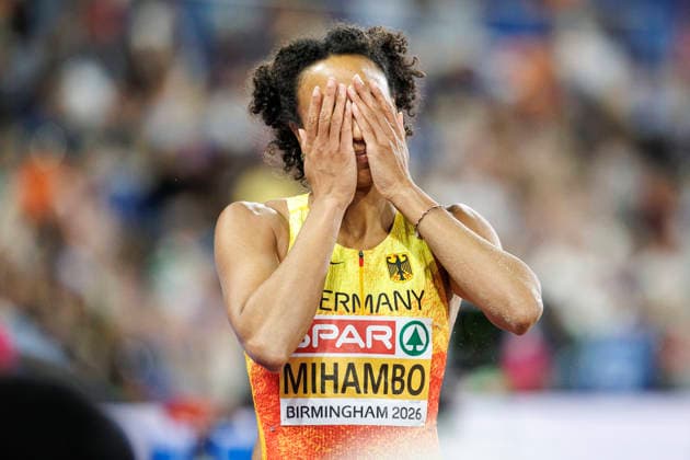 BIRMINGHAM, GREAT BRITAIN - AUGUST 16, 2026: Malaika MIHAMBO (GER Germany) reacts after her last jump during the European Athletics Championships at Alexander Stadium on August 16, 2026 in Birmingham, Great Britain. Great Britain Copyright: xAxelxKohringx