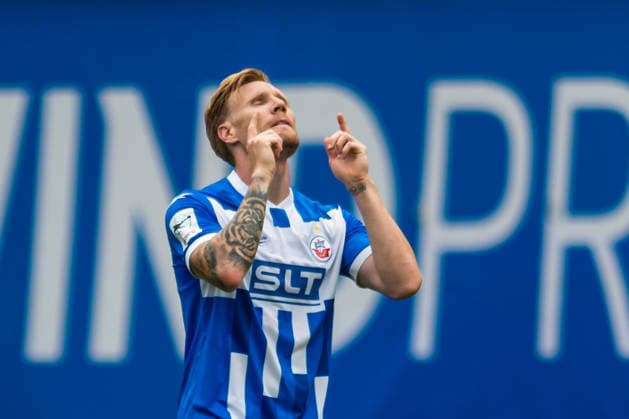 Rostock, Deutschland 16. August 2026: 3. Liga - 2026 2027 - Sp. 2 - FC Hansa Rostock gegen SV Waldhof Mannheim Im Bild: Andreas Voglsammer (Hansa Rostock) jubelt nach seinem Tor zum 1:2 *** Rostock, Germany, August 16, 2026; 3. Liga 2026–2027, Matchday 2: FC Hansa Rostock vs. SV Waldhof Mannheim. Pictured: Andreas Voglsammer of Hansa Rostock celebrates after scoring the goal that made the score 1–2. Copyright: xFotostandx xVoelkerx