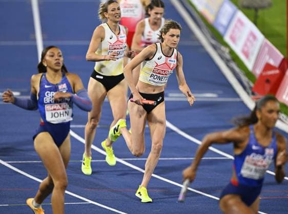 Belgian Helena Ponette in action during the final of the Women s 4x400m relay on the seventh and last day of the European Athletics Championships (August 10-18) in Birmingham, United Kingdom, on Sunday 16 August 2026. ERICxLALMAND  x183561666x