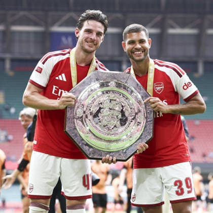 CARDIFF, WALES, AUG 16: Declan Rice and Bruno Guimaraes of Arsenal celebrates with trophy after Arsenal win the FA Community Shield match between Arsenal and Manchester City at the Millennium Stadium in Cardiff, Wales on 16th of August (photo by Qian Jun Sports Press Photo)  Copyright: xQianxJun SportsxPressxPhotox Sportspressphoto_SPR209515