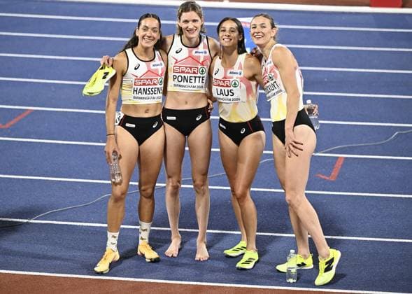 Belgian Cheetahs, with Ilana Hanssens; Helena Ponette; Camille Laus and Paulien Couckuyt embrace after finishing sixth place at the final of the Women s 4x400m relay on the seventh and last day of the European Athletics Championships (August 10-18) in Birmingham, United Kingdom, on Sunday 16 August 2026. ERICxLALMAND  x183563216x