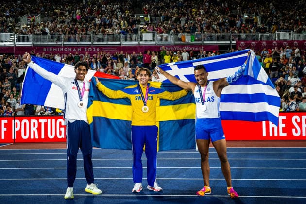 260816 Baptiste Thiery of France, Armand Duplantis of Sweden and Emmanouil Karalis of Greece celebrates after men s pole vault final during day 7 of the 2026 European Athletics Championships on August 16, 2026 in Birmingham. Photo: Mathias Bergeld BILDBYRAN kod MB MT1072 friidrott athletics friidrett friidrotts-em em friidretts-em 2026 european athletics championships 7 bbeng jubel *** August 16, 2026: Baptiste Thiery of France, Armand Duplantis of Sweden, and Emmanouil Karalis of Greece celebrate after the men’s pole vault final on Day 7 of the 2026 European Athletics Championships on August 16, 2026 in Birmingham. Photo by Mathias Bergeld. BILDBYRAN code MB MT1072. track and field, athletics, friidrett, friidrotts em, em, friidretts em 2026, European Athletics Championships, 7, bbeng, celebration  Copyright: MATHIASxBERGELD BB260816MB149