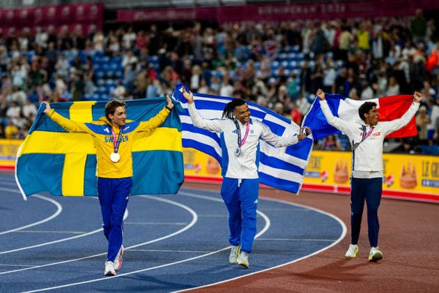 260816 Armand Duplantis of Sweden, Emmanouil Karalis of Greece and Baptiste Thiery of France celebrates after men s pole vault final during day 7 of the 2026 European Athletics Championships on August 16, 2026 in Birmingham. Photo: Mathias Bergeld BILDBYRAN kod MB MT1072 friidrott athletics friidrett friidrotts-em em friidretts-em 2026 european athletics championships 7 bbeng jubel *** August 16, 2026: Armand Duplantis of Sweden, Emmanouil Karalis of Greece, and Baptiste Thiery of France celebrate after the men’s pole vault final on Day 7 of the 2026 European Athletics Championships on August 16, 2026 in Birmingham. Photo by Mathias Bergeld. BILDBYRAN code MB MT1072. track and field, athletics, friidrett, friidrotts em, em, friidretts em 2026, European Athletics Championships, 7, bbeng, celebration  Copyright: MATHIASxBERGELD BB260816MB158