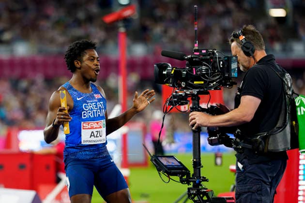 BIRMINGHAM, GREAT BRITAIN - AUGUST 16, 2026 : Jeremiah AZU (GBR Great Britain) competing in the 4x100m mixed relay during the European Athletics Championships at Alexander Stadium on August 16, 2026 in Birmingham, Great Britain. Great Britain Copyright: xLeahxKohringx