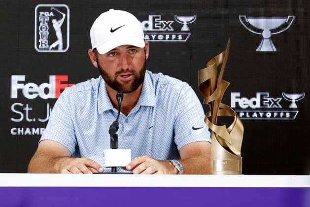 MEMPHIS, TN - AUGUST 16: Scottie Scheffler of the United States responds to a question in the post round press conference, PK, Pressekonferenz after winning the FedEx St. Jude Championship, August 16, 2026, at TPC Southwind in Memphis, Tennessee. (Photo by Matthew Maxey Icon Sportswire) GOLF: AUG 16 PGA, Golf Herren FedEx St. Jude Championship EDITORIAL USE ONLY Icon260816067