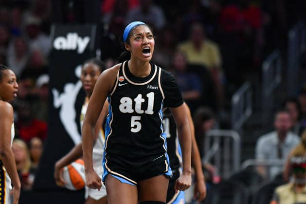 ATLANTA, GA - AUGUST 16: Angel Reese 5 of Atlanta reacts during the WNBA, Basketball Damen, USA game between the Indiana Fever and the Atlanta Dream on August 16th, 2026 at State Farm Arena in Atlanta, GA. (Photo by Rich von Biberstein Icon Sportswire) WNBA: AUG 16 Indiana Fever at Atlanta Dream EDITORIAL USE ONLY Icon260816018