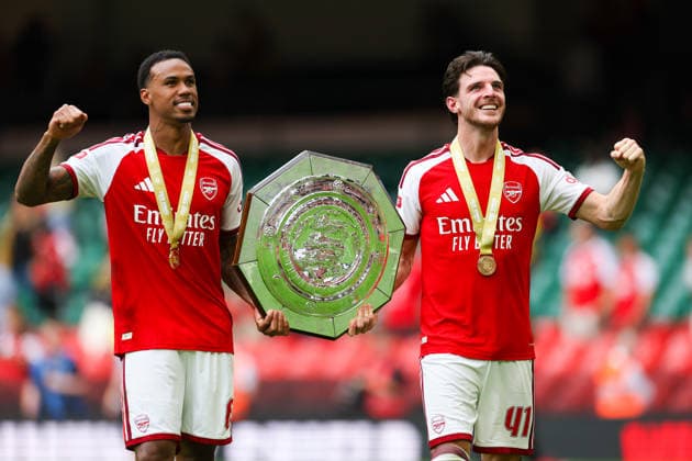 (260817) -- CARDIFF, Aug. 17, 2026 -- Arsenal s Declan Rice (R) and Gabriel Magalhaes celebrate after the English Community Shield match between Arsenal and Manchester City in Cardiff, Britain, on Aug. 16, 2026. (Photo by Xinhua) (SP)BRITAIN-CARDIFF-FOOTBALL-ENGLISH COMMUNITY SHIELD-FINAL-ARSENAL VS MANCHESTER CITY QianxJun 