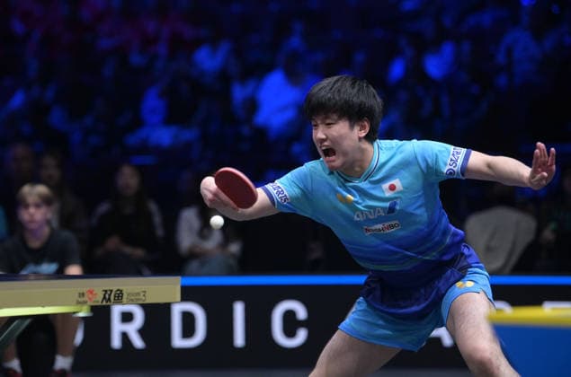 (260817) -- MALMO, Aug. 17, 2026 -- Harimoto Tomokazu of Japan hits a return during the men s singles final match between Felix Lebrun of France and Harimoto Tomokazu of Japan at the WTT Europe Smash Sweden 2026 in Malmo, Sweden, Aug. 16, 2026. ) (SP)SWEDEN-MALMO Table tennis, Tischtennis WTT EUROPE SMASH 2026-MEN SINGLES WengxXinyang 