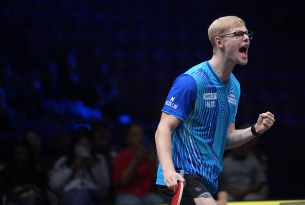 (260817) -- MALMO, Aug. 17, 2026 -- Felix Lebrun of France celebrates scoring during the men s singles final match between Felix Lebrun of France and Harimoto Tomokazu of Japan at the WTT Europe Smash Sweden 2026 in Malmo, Sweden, Aug. 16, 2026. ) (SP)SWEDEN-MALMO Table tennis, Tischtennis WTT EUROPE SMASH 2026-MEN SINGLES WengxXinyang 